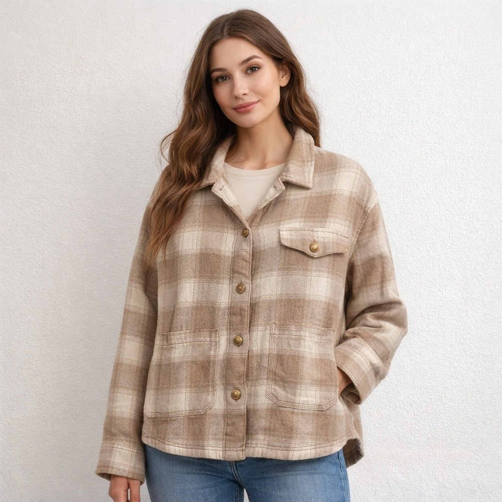 American Eagle Womens Brown Plaid Brushed Collared Oversized Shacket Size XL